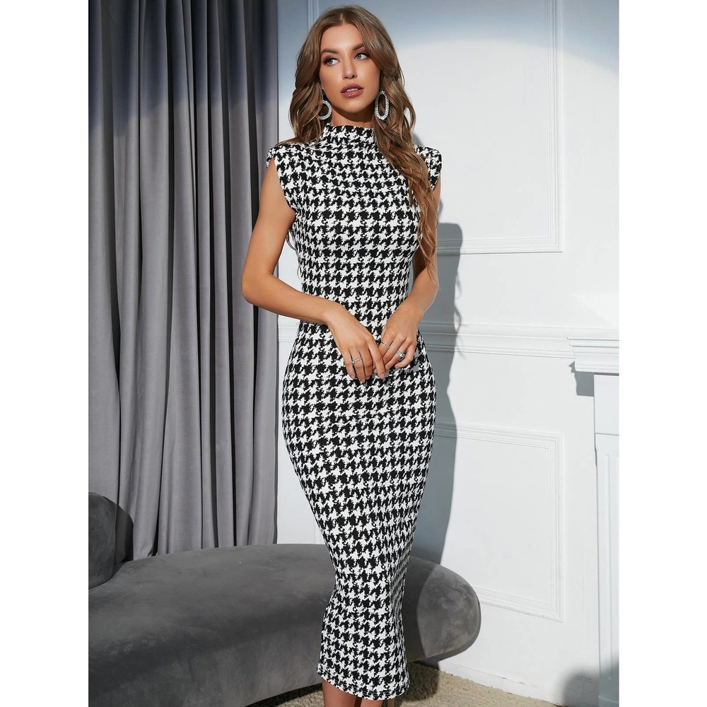 Plazacore Houndstooth Shoulder Pads Mock Neck Bodycon midi Dress